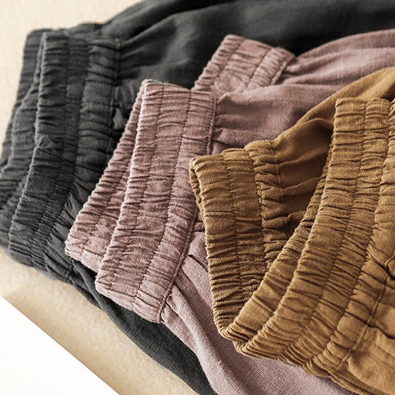 Pantaloni da donna in lino di cotone con tasche, con elastico in vita, in tinta unita, tipo carota , Buddha Stones - image 3