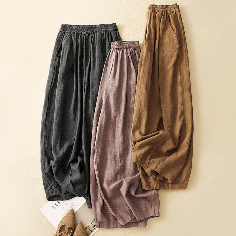 Pantaloni da donna in lino di cotone con tasche, con elastico in vita, in tinta unita, tipo carota , Buddha Stones - image 2