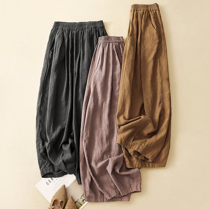 Pantaloni da donna in lino di cotone con tasche, con elastico in vita, in tinta unita, tipo carota , Buddha Stones - image 2