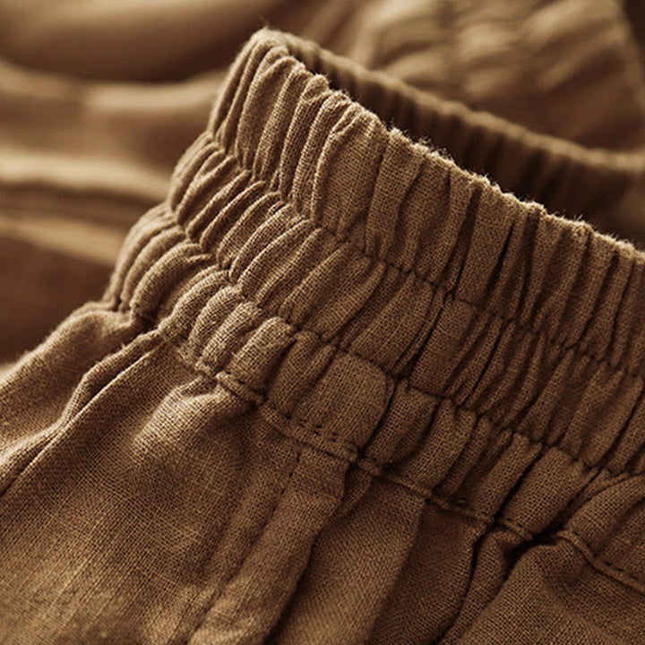 Pantaloni da donna in lino di cotone con tasche, con elastico in vita, in tinta unita, tipo carota , Buddha Stones - image 5