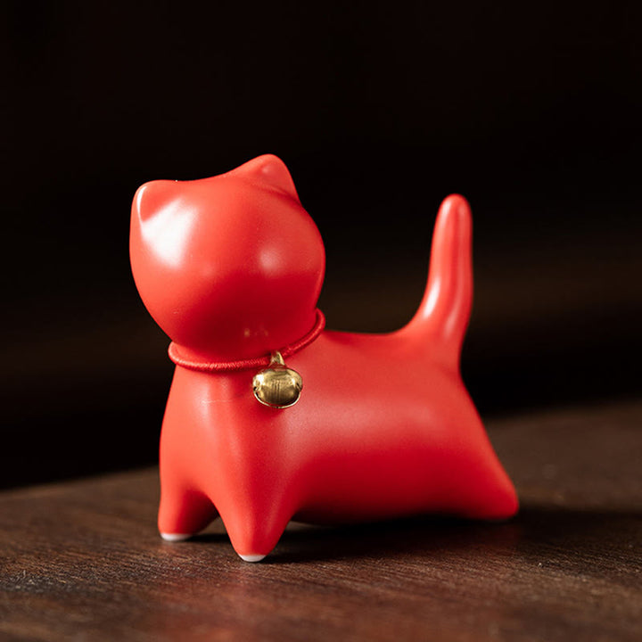 Buddha Stones Mini Carino in Piedi Sdraiato Gatto Tè Animale Domestico Ceramica Casa Scrivania Figurina Decorazione - Gatto in piedi 5*2,5*4,5 cm - Rosso - image 13