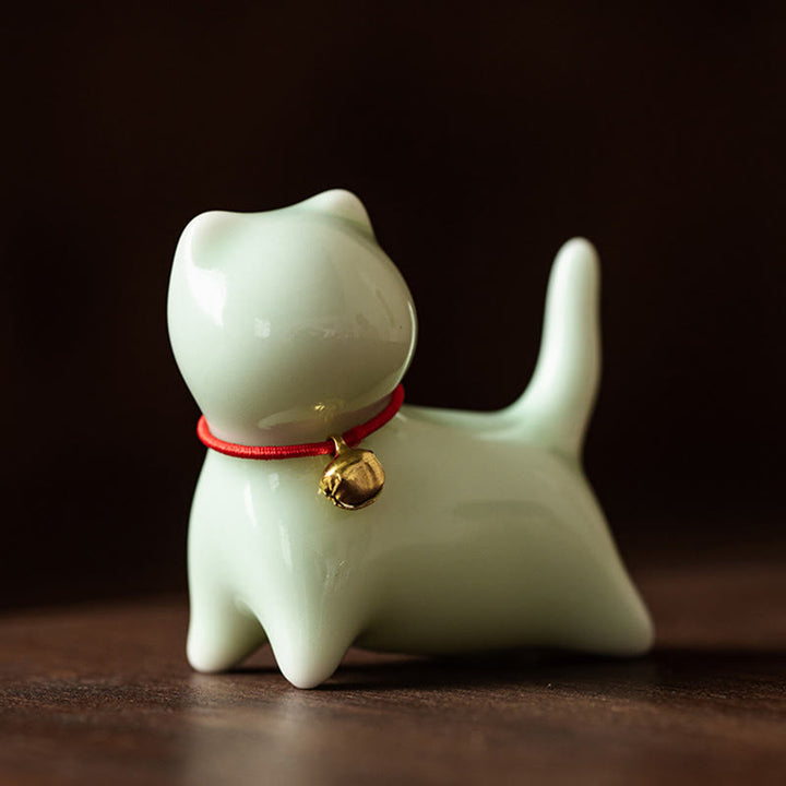 Buddha Stones Mini Carino in Piedi Sdraiato Gatto Tè Animale Domestico Ceramica Casa Scrivania Figurina Decorazione - Gatto in piedi 5*2,5*4,5 cm - Verde - image 2