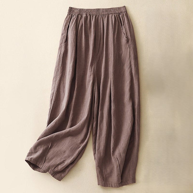 Pantaloni da donna in lino di cotone con tasche, con elastico in vita, in tinta unita, tipo carota , Buddha Stones - Marrone rosato - US8-10, UK/AU12-14, EU40-42 (2XL) - image 14