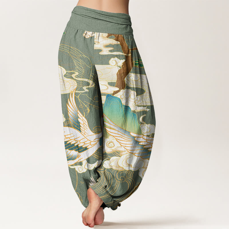 Pantaloni harem da donna con elastico in vita, in cotone, con gru volanti, nuvole di buon auspicio Buddha Stones - image 6