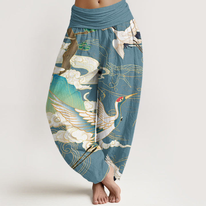 Pantaloni harem da donna con elastico in vita, in cotone, con gru volanti, nuvole di buon auspicio Buddha Stones - Cadetto Blu - US22, UK/AU26, EU54 (6XL) - image 7