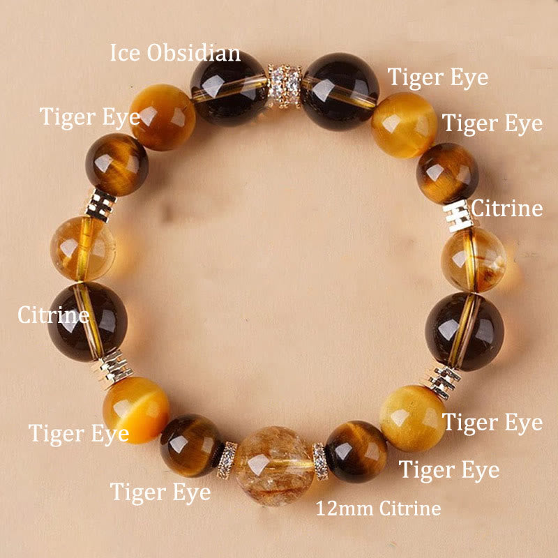 Braccialetto della felicità con occhio di tigre, citrino e topazio Buddha Stones