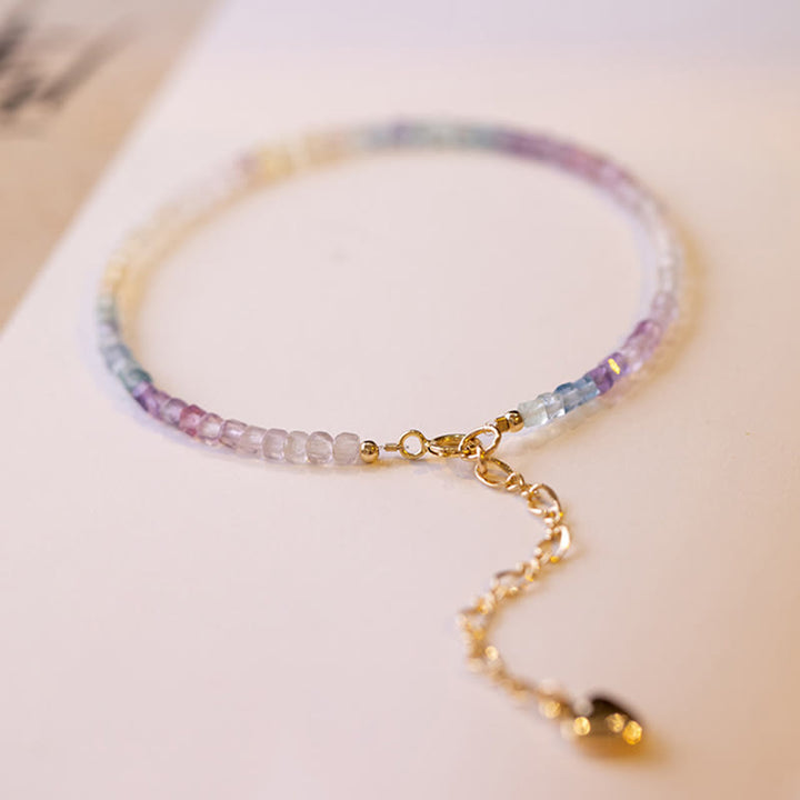 Braccialetto Buddha Stones 2,5 mm Fluorite Perline ultrasottili in rame placcato oro 14k Cuore Potenza