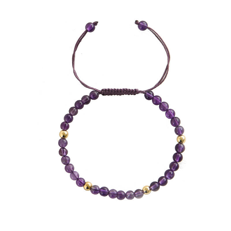 Braccialetto Buddha Stones da 4 mm in ametista naturale fatto a mano, perline di rame placcate in oro 14k, corda intrecciata, allevia lo stress