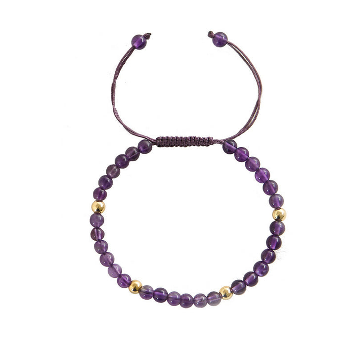 Braccialetto Buddha Stones da 4 mm in ametista naturale fatto a mano, perline di rame placcate in oro 14k, corda intrecciata, allevia lo stress