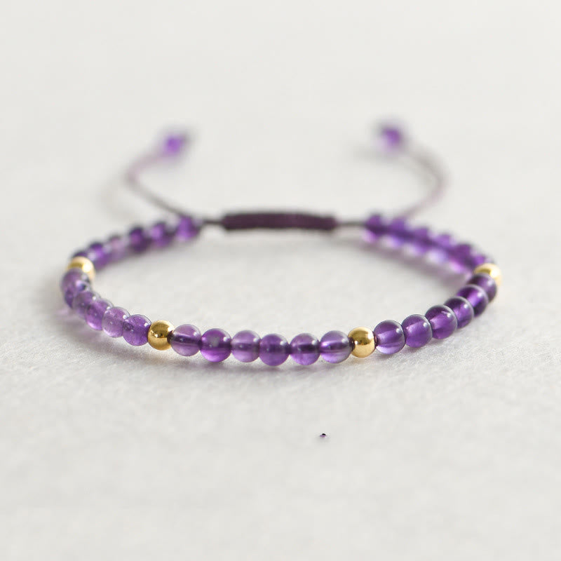 Braccialetto Buddha Stones da 4 mm in ametista naturale fatto a mano, perline di rame placcate in oro 14k, corda intrecciata, allevia lo stress