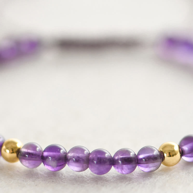 Braccialetto Buddha Stones da 4 mm in ametista naturale fatto a mano, perline di rame placcate in oro 14k, corda intrecciata, allevia lo stress