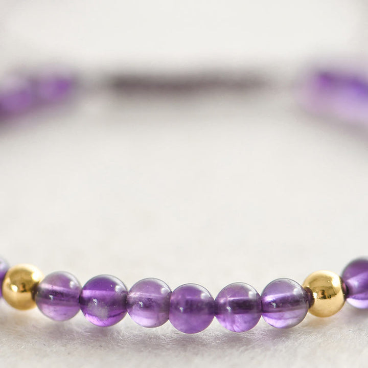 Braccialetto Buddha Stones da 4 mm in ametista naturale fatto a mano, perline di rame placcate in oro 14k, corda intrecciata, allevia lo stress