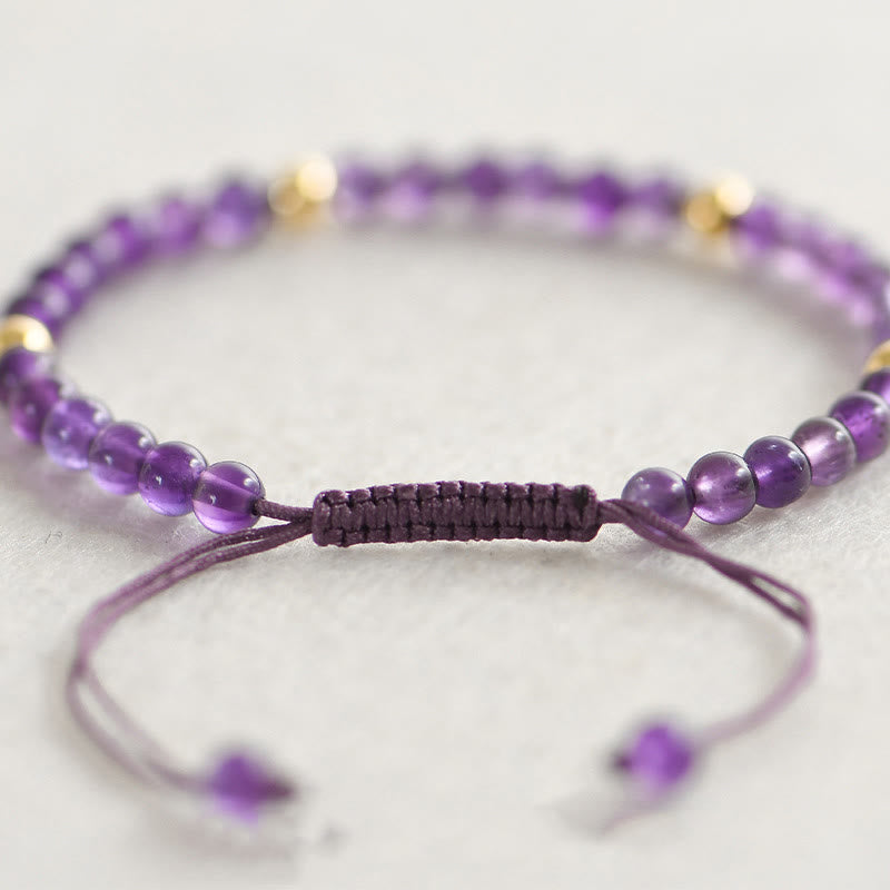 Braccialetto Buddha Stones da 4 mm in ametista naturale fatto a mano, perline di rame placcate in oro 14k, corda intrecciata, allevia lo stress
