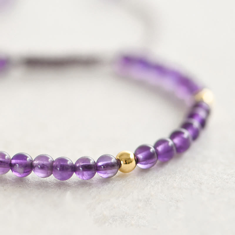Braccialetto Buddha Stones da 4 mm in ametista naturale fatto a mano, perline di rame placcate in oro 14k, corda intrecciata, allevia lo stress