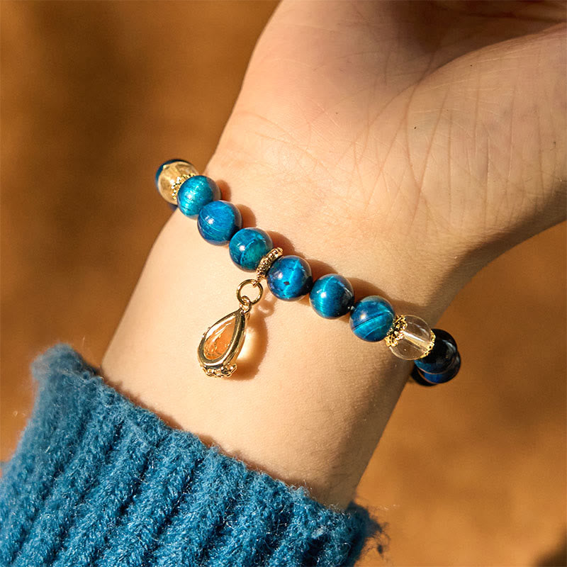 Bracciale Buddha Stones Occhio di Tigre Blu Cristallo Bianco Goccia d'Acqua Forza