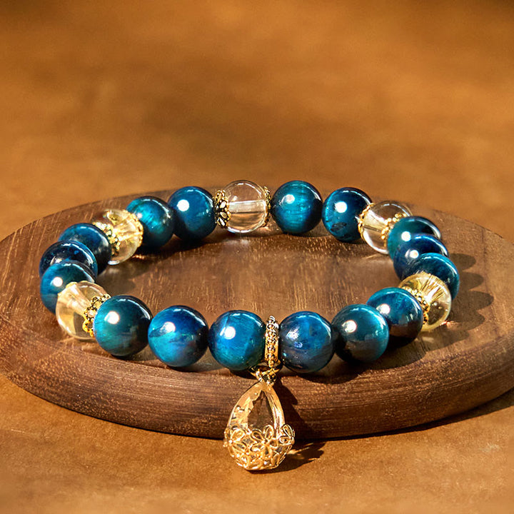 Bracciale Buddha Stones Occhio di Tigre Blu Cristallo Bianco Goccia d'Acqua Forza
