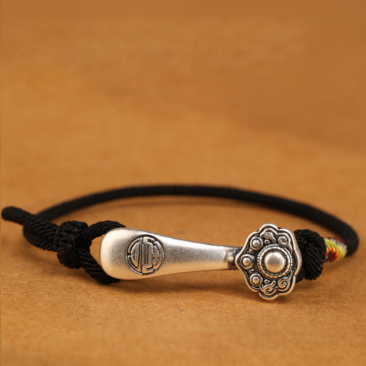 Braccialetto intrecciato con protezione in corda con bastoncino Ruyi in argento sterling 999 Buddha Stones - Corda nera - 19-21 cm - image 8