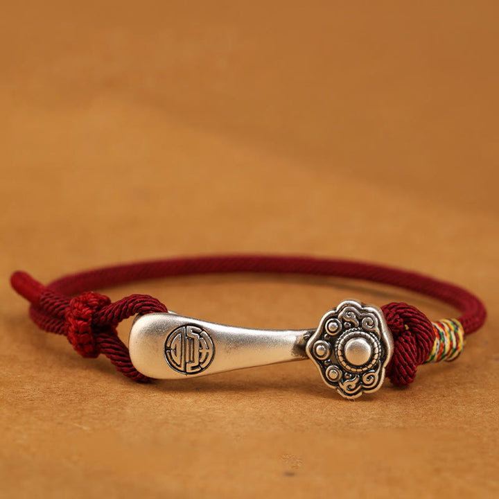 Braccialetto intrecciato con protezione in corda con bastoncino Ruyi in argento sterling 999 Buddha Stones - corda rosso scuro - 19-21 cm - image 1