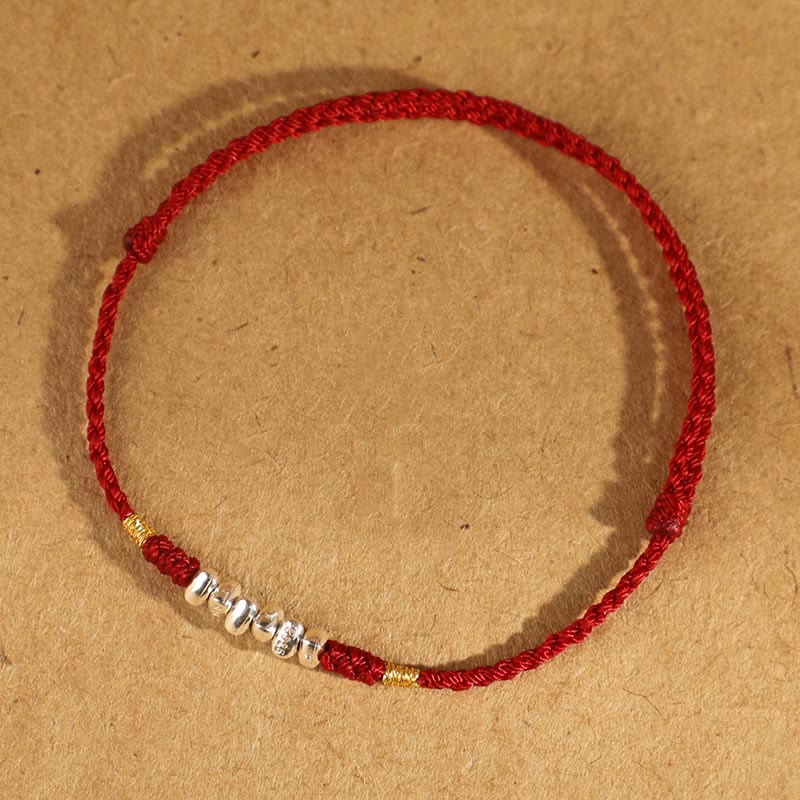 Buddha Stones 925 Sterling Silver String Protection Luck Braccialetto alla caviglia intrecciato ultra sottile - Corda rosso scuro in argento sterling 925 - Cavigliera (circonferenza 19-23 cm) - image 1