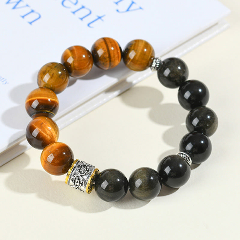 Bracciale Buddha Stones Tiger Eye Oro Lucente Ossidiana Om Mani Padme Hum - image 1