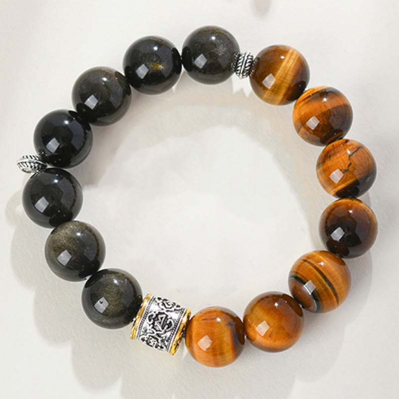 Bracciale Buddha Stones Tiger Eye Oro Lucente Ossidiana Om Mani Padme Hum - Ossidiana lucente dorata e occhio di tigre (circonferenza del polso 15-17 cm) - image 0