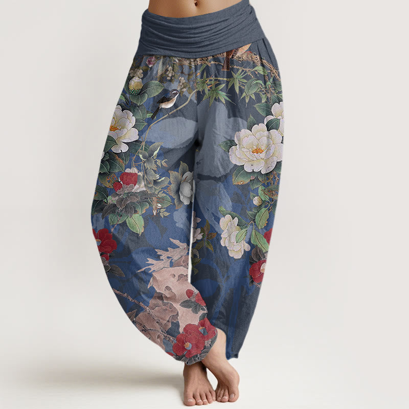 Pantaloni harem da donna con elastico in vita, in cotone, casual, con fiori di peonia e foglie di gazza, motivo Buddha Stones - SteelBlue - US22, UK/AU26, EU54 (6XL) - image 7
