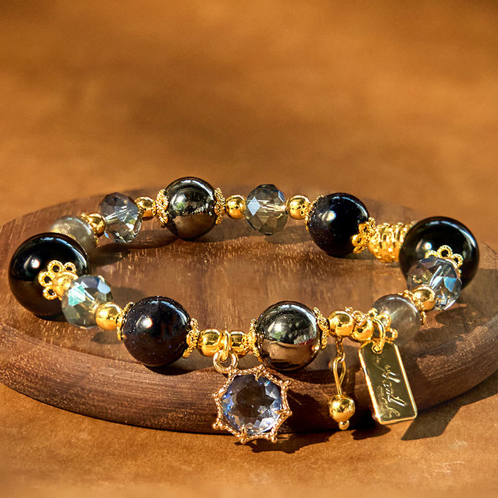 Bracciale Buddha Stones Naturale Ossidiana Nera Ematite Blu Arenaria Forza
