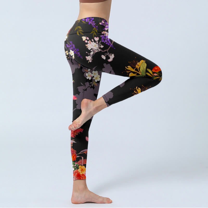 Leggings da palestra con stampa di fiori colorati neri Buddha Stones da donna Pantaloni da yoga - image 3
