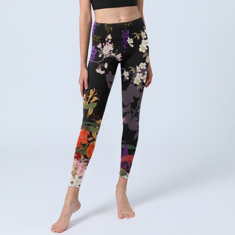 Leggings da palestra con stampa di fiori colorati neri Buddha Stones da donna Pantaloni da yoga - image 5