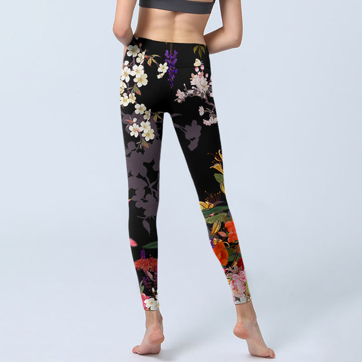 Leggings da palestra con stampa di fiori colorati neri Buddha Stones da donna Pantaloni da yoga - image 6