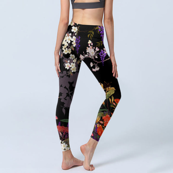 Leggings da palestra con stampa di fiori colorati neri Buddha Stones da donna Pantaloni da yoga - image 4