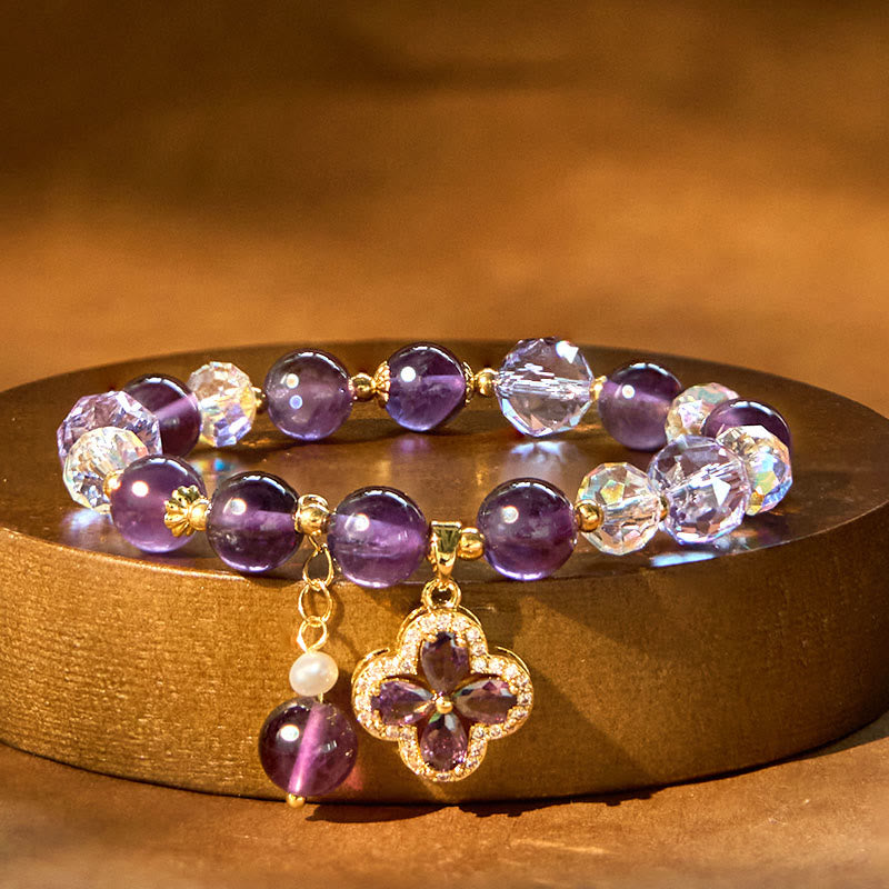 Braccialetto di guarigione spirituale a forma di quadrifoglio con cristallo di ametista naturale Buddha Stones
