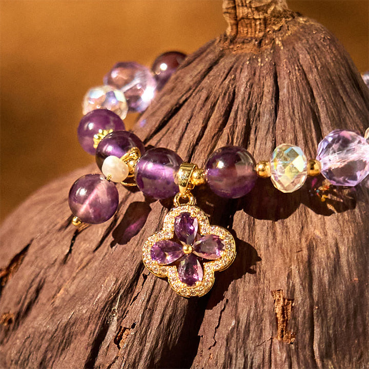 Braccialetto di guarigione spirituale a forma di quadrifoglio con cristallo di ametista naturale Buddha Stones