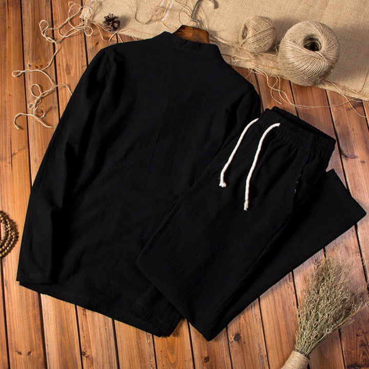 Set di abbigliamento da uomo con pantaloni e top a maniche lunghe color puro Buddha Stones - image 10