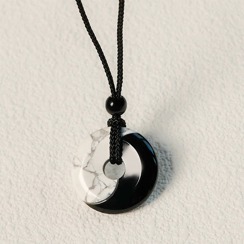 Buddha Stones Ossidiana nera naturale Turchese bianco Yin Yang Pace Fibbia Design Corda intrecciata Forza Collana Pendente