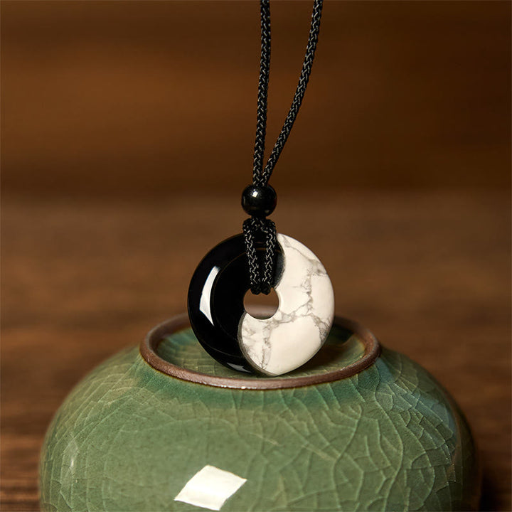 Buddha Stones Ossidiana nera naturale Turchese bianco Yin Yang Pace Fibbia Design Corda intrecciata Forza Collana Pendente