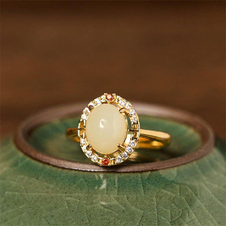 Anello portafortuna aperto in rame con zirconia naturale in giada Hetian Buddha Stones