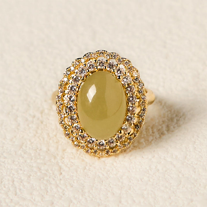Anello Buddha Stones Natural Hetian Jade Egg Hollow Double Circle Zirconia Rame Aperto Abbondanza