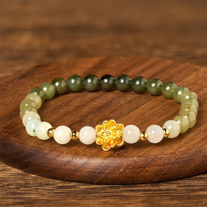 Bracciale Buddha Stones Natural Hetian Jade Gradient Lotus Abbondanza