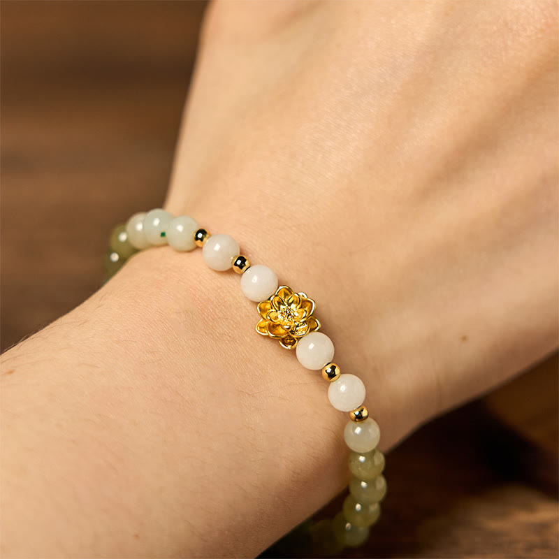 Bracciale Buddha Stones Natural Hetian Jade Gradient Lotus Abbondanza