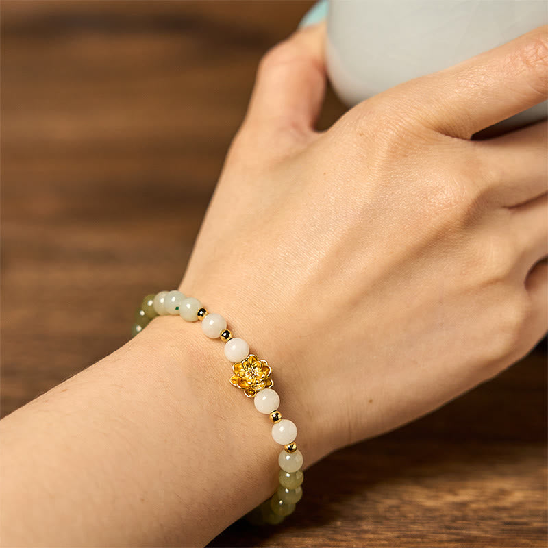 Bracciale Buddha Stones Natural Hetian Jade Gradient Lotus Abbondanza
