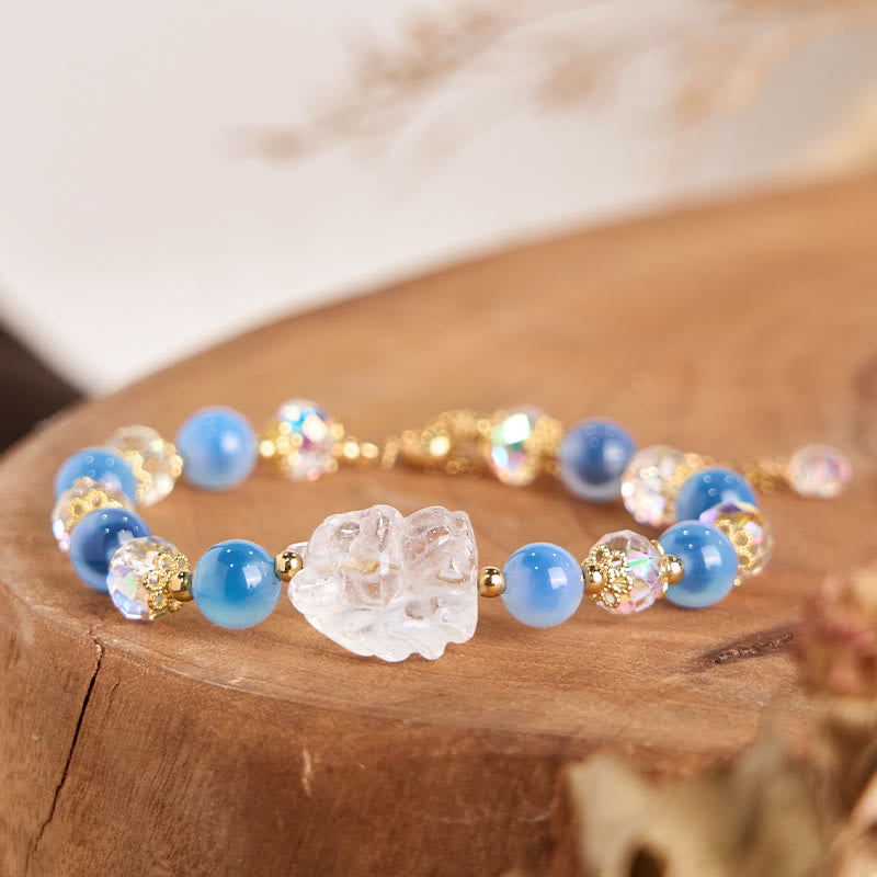 Braccialetto dell'armonia della volpe a nove code in cristallo bianco e agata blu caramella naturale Buddha Stones