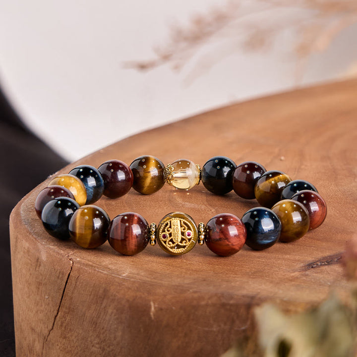 Braccialetto di protezione e coraggio con perline di pietra occhio di tigre e pietre Buddha Stones