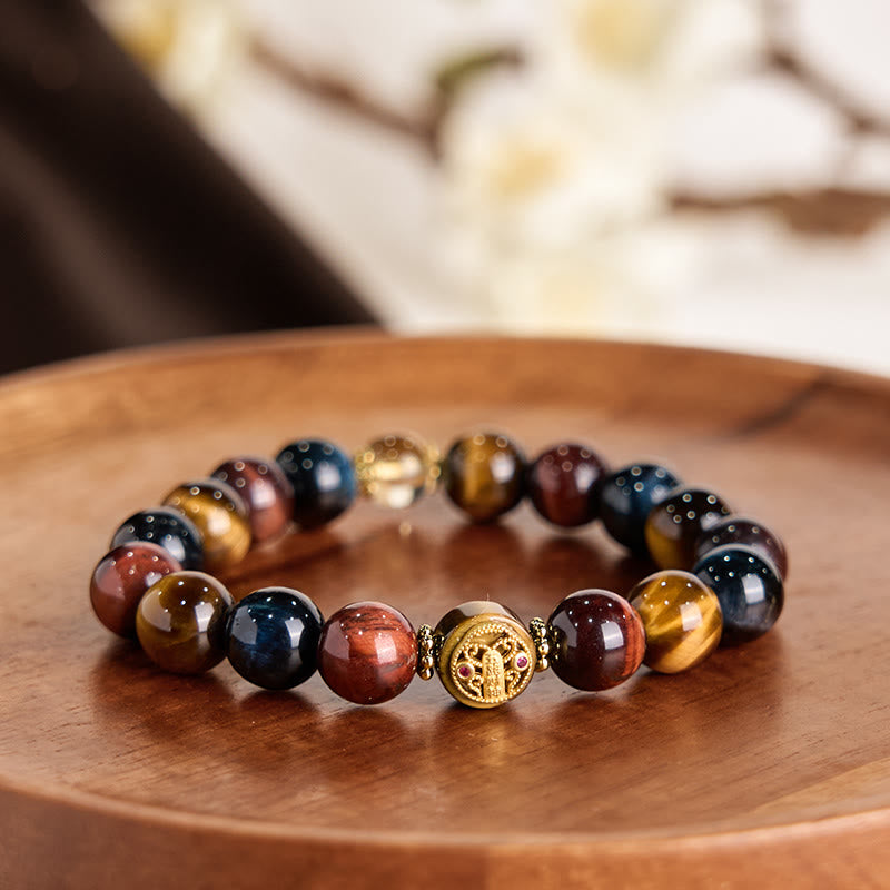 Braccialetto di protezione e coraggio con perline di pietra occhio di tigre e pietre Buddha Stones