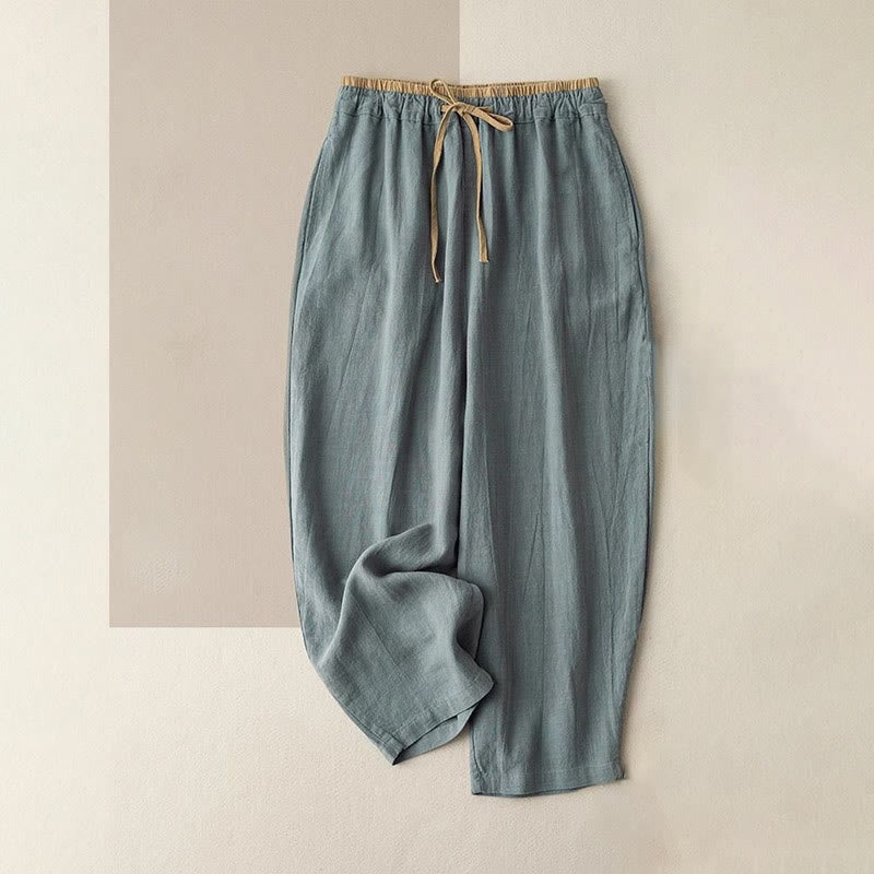 Pantaloni da donna con coulisse in cotone e lino casual tinta unita Buddha Stones con tasche - Cadetto Blu - US16, UK/AU20, EU48 (3XL) - image 0