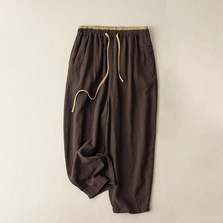 Pantaloni da donna con coulisse in cotone e lino casual tinta unita Buddha Stones con tasche - Marrone sella - US16, UK/AU20, EU48 (3XL) - image 5