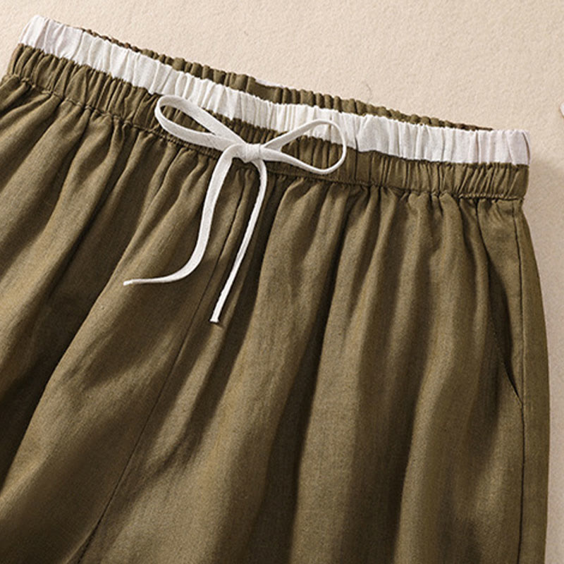 Pantaloncini da donna in cotone e lino con lacci e tasche, tinta unita, a contrasto, in vita, con Buddha Stones - image 15