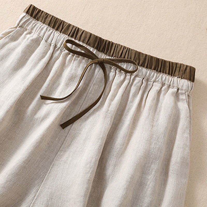 Pantaloncini da donna in cotone e lino con lacci e tasche, tinta unita, a contrasto, in vita, con Buddha Stones - image 5