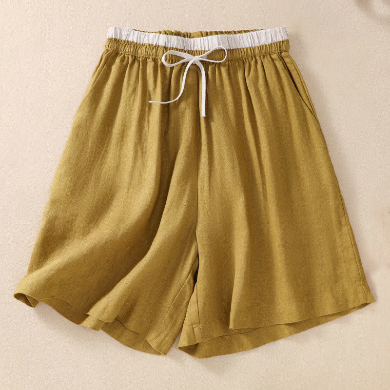 Pantaloncini da donna in cotone e lino con lacci e tasche, tinta unita, a contrasto, in vita, con Buddha Stones - image 21