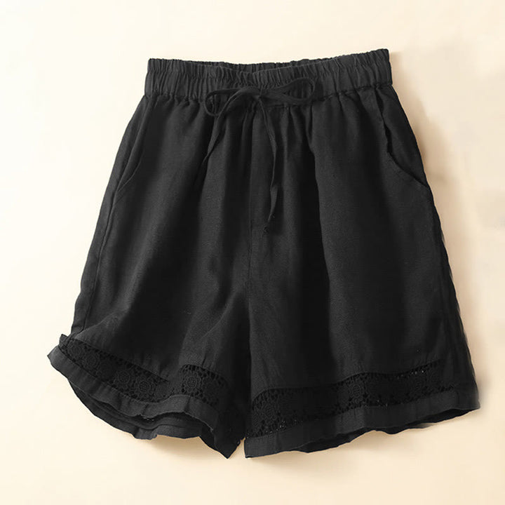 Pantaloncini da donna in cotone con lacci e tasche, modello Buddha Stones, tinta unita, con fondo in pizzo cavo - Nero - US12, UK/AU16, EU44 (3XL) - image 28